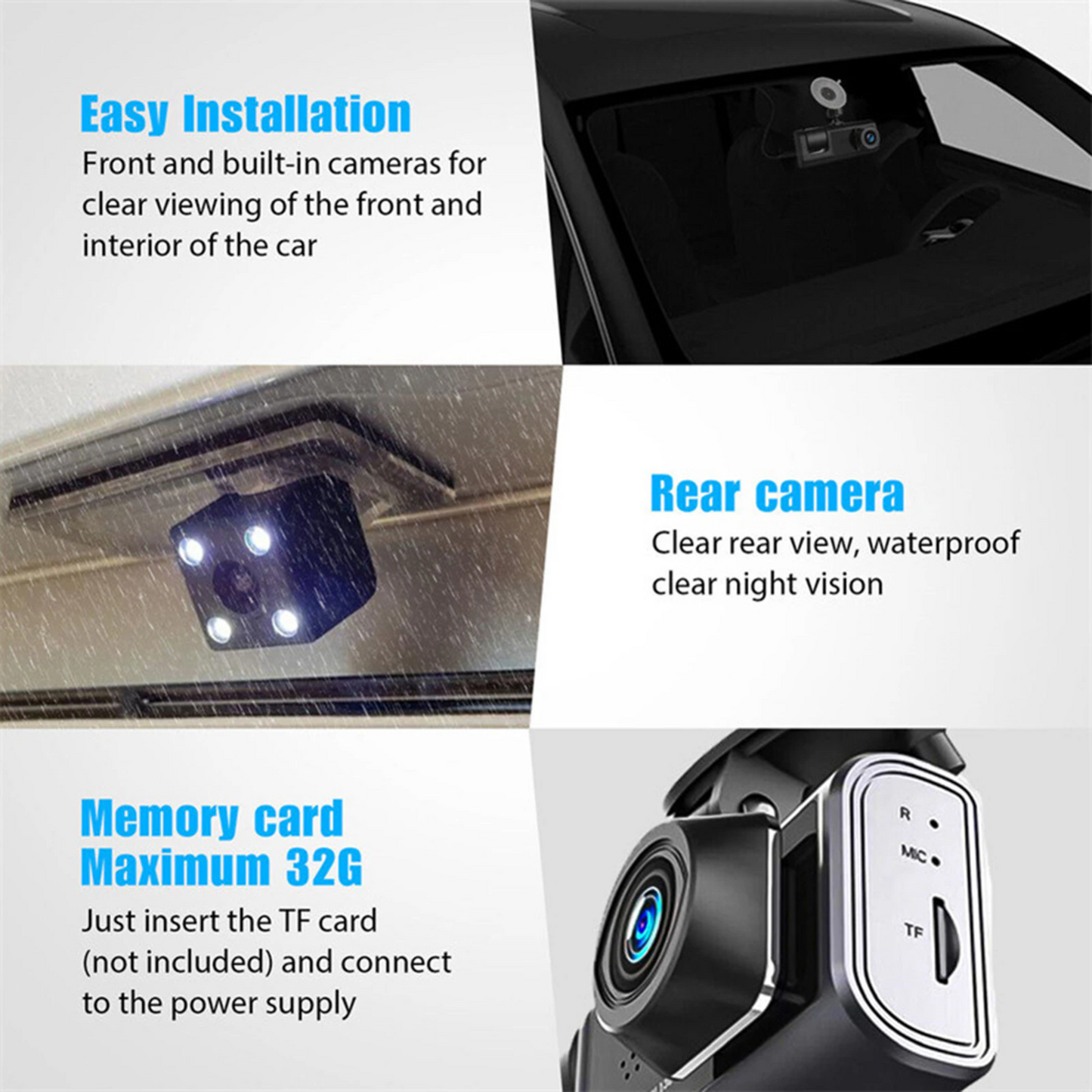 Car Dual Lens Dash Cam HD 1080P Front/Rear/Inside Video Recorder