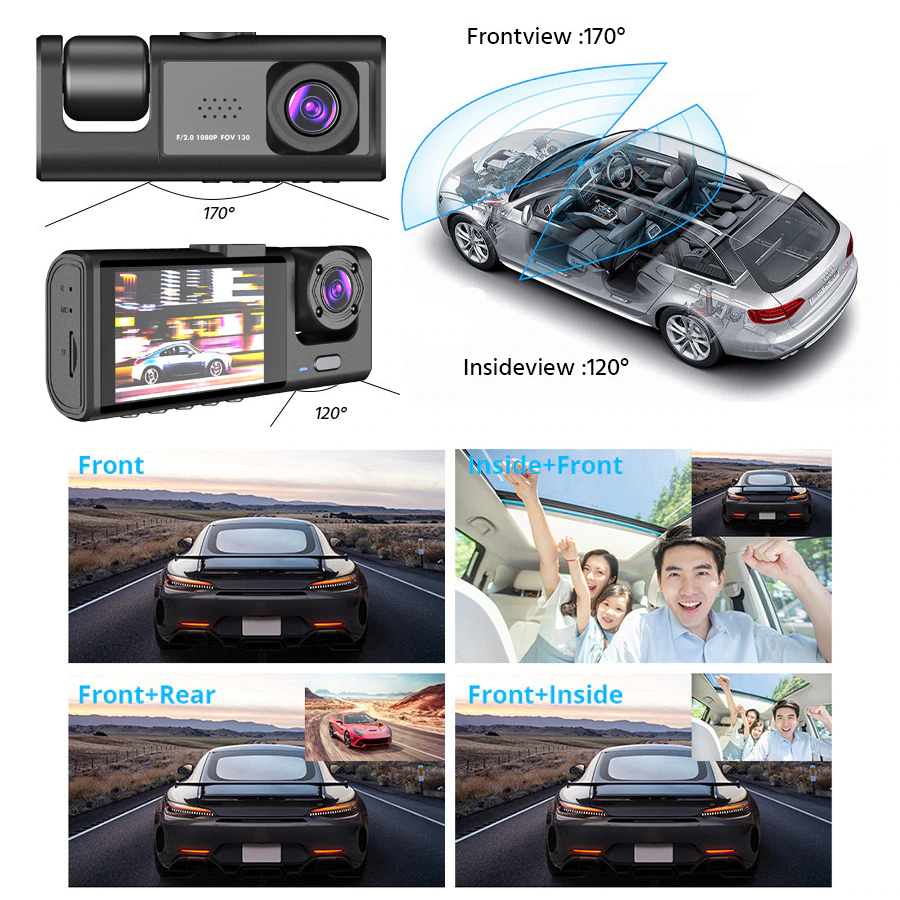 Car Dual Lens Dash Cam HD 1080P Front/Rear/Inside Video Recorder