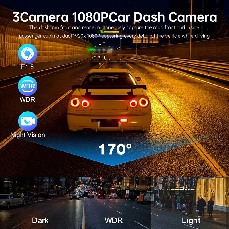 Car Dual Lens Dash Cam HD 1080P Front/Rear/Inside Video Recorder