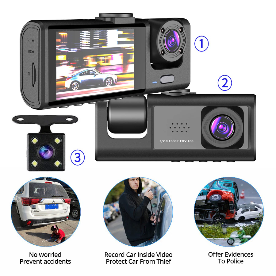 Car Dual Lens Dash Cam HD 1080P Front/Rear/Inside Video Recorder