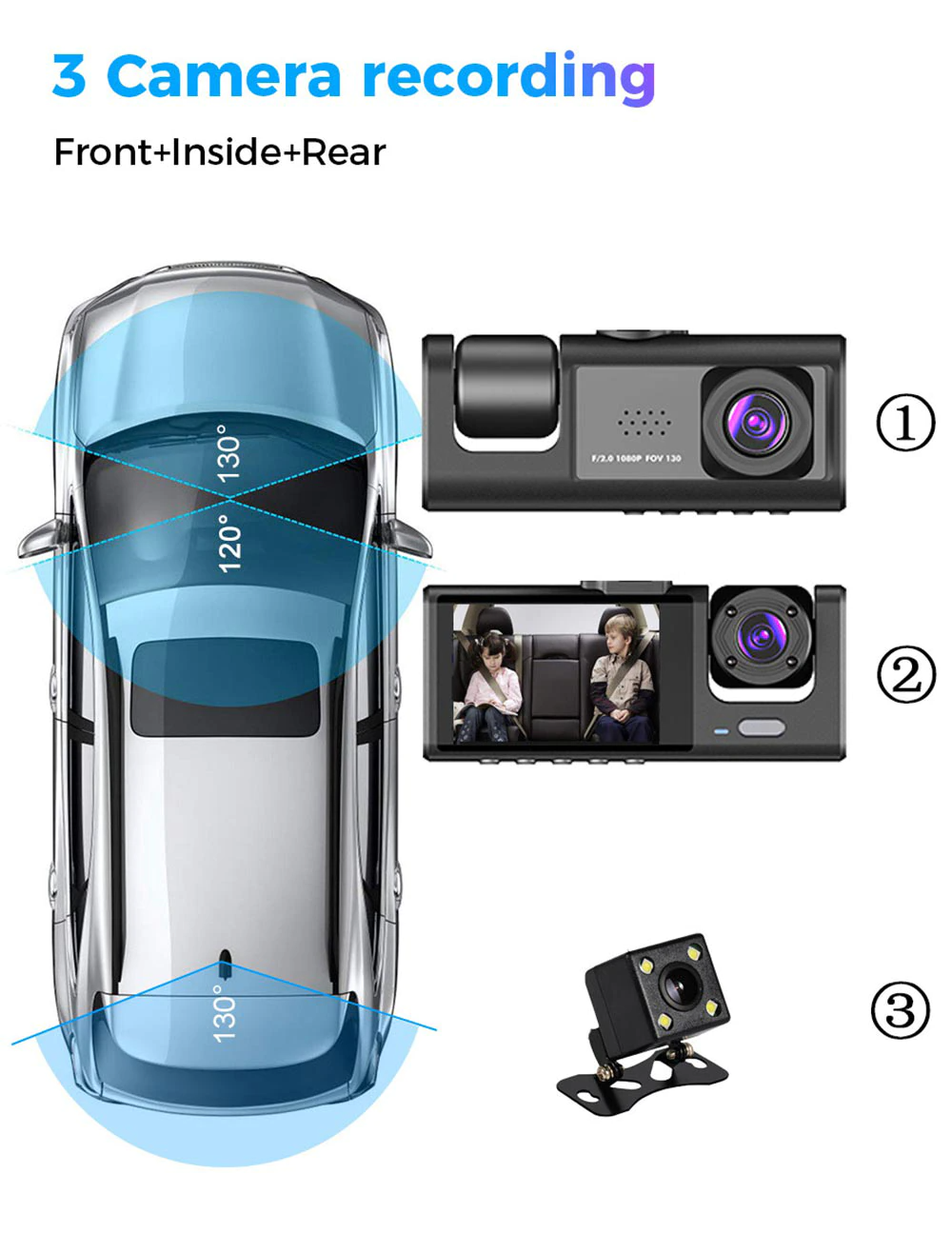 Car Dual Lens Dash Cam HD 1080P Front/Rear/Inside Video Recorder