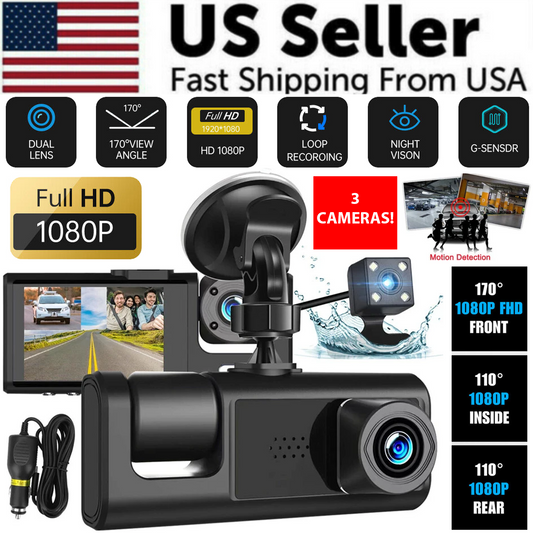 Car Dual Lens Dash Cam HD 1080P Front/Rear/Inside Video Recorder