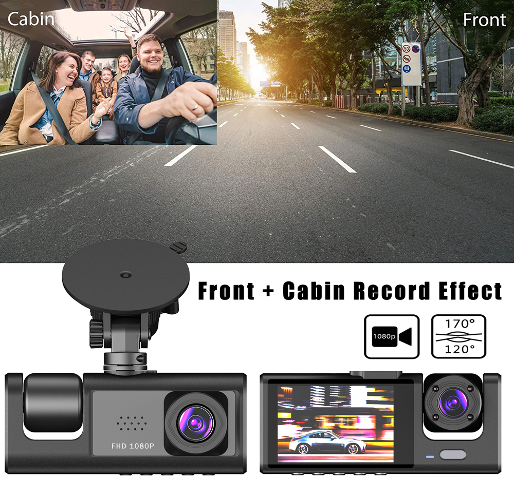 Car Dual Lens Dash Cam HD 1080P Front/Rear/Inside Video Recorder