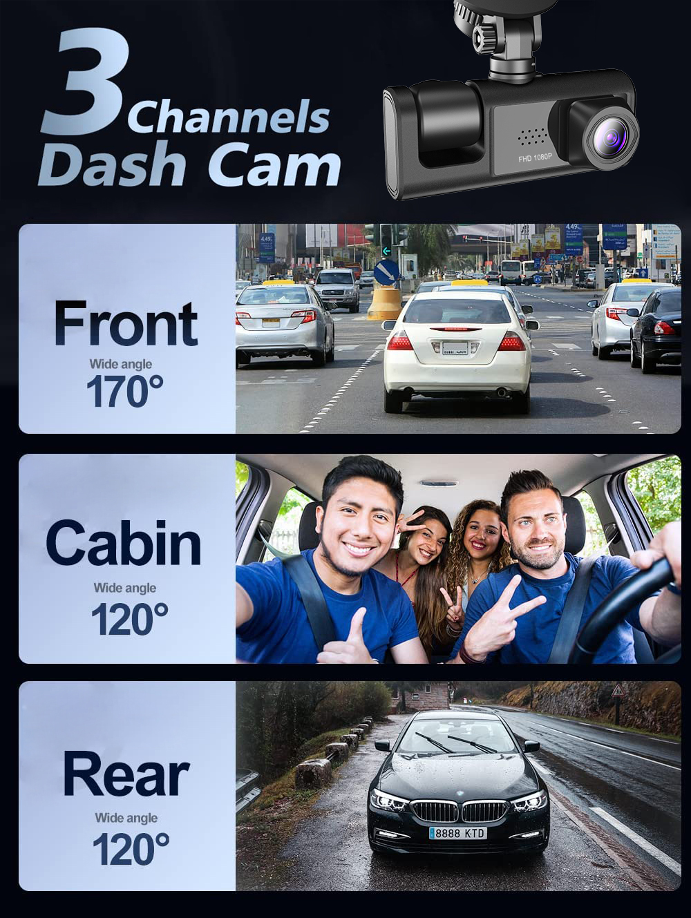 Car Dual Lens Dash Cam HD 1080P Front/Rear/Inside Video Recorder