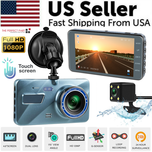 Touch Screen Dash Cam 4" 1080P Dual Lens Car DVR Recorder Front And