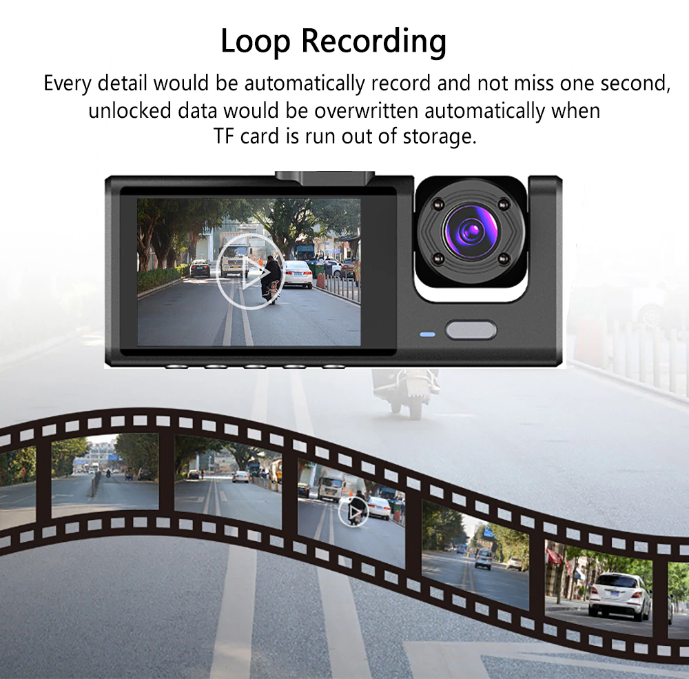 Car Dual Lens Dash Cam HD 1080P Front/Rear/Inside Video Recorder