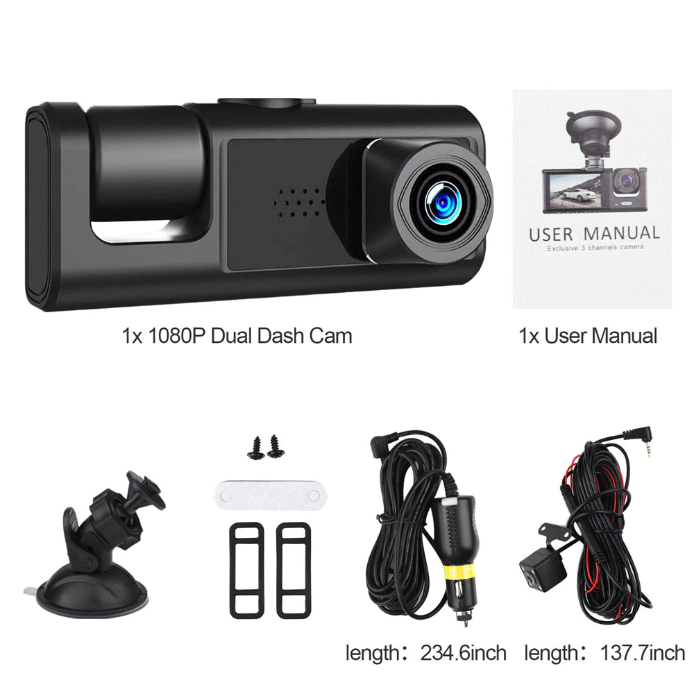 Car Dual Lens Dash Cam HD 1080P Front/Rear/Inside Video Recorder