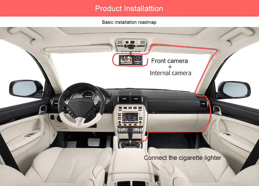 Car Dual Lens Dash Cam HD 1080P Front/Rear/Inside Video Recorder