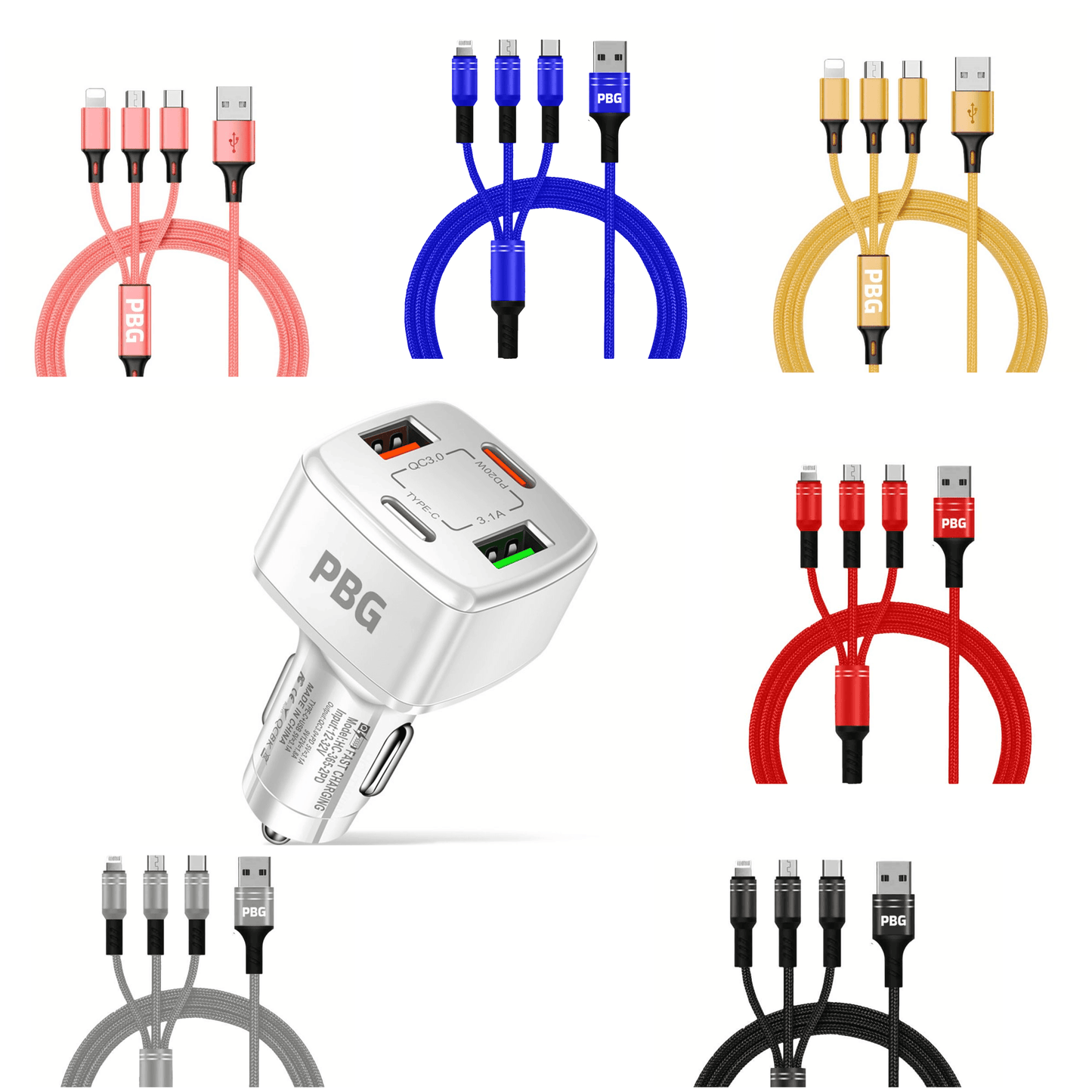 PBG 4 Port Car Charger and 4FT - 3 in 1 Nylon Cable Combo