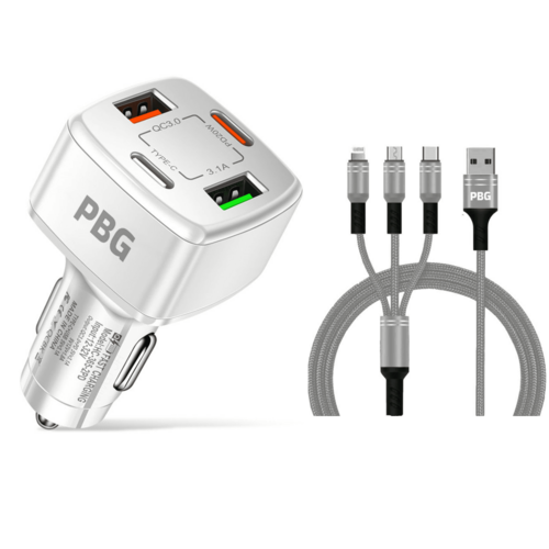 PBG 4 Port Car Charger and 4FT - 3 in 1 Nylon Cable Combo