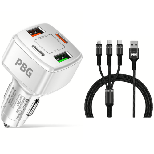 PBG 4 Port Car Charger and 4FT - 3 in 1 Nylon Cable Combo