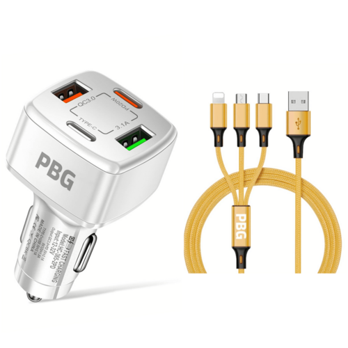 PBG 4 Port Car Charger and 4FT - 3 in 1 Nylon Cable Combo